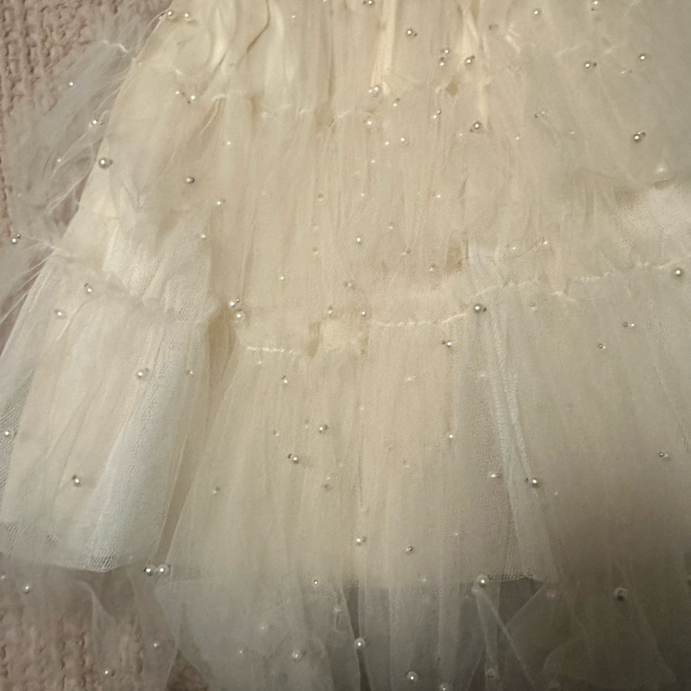 Elegant Cream Dress with Tulle Overlay and pearl accents - Picture 2 of 2